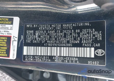 2012 Toyota Camry Hybrid/Le/Xle z USA, uszkodzony, nr VIN 4T1BD1FK1CU062995